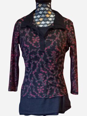 Black & pink YA sheer top with 3/4 sleeves and collar